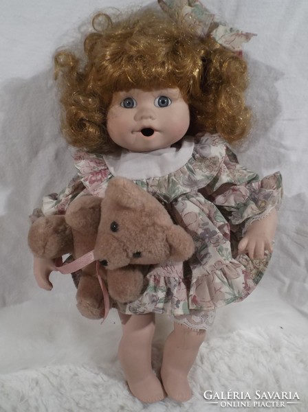 Doll - with teddy bear - porcelain - 28 x 16 cm - German - perfect - flawless