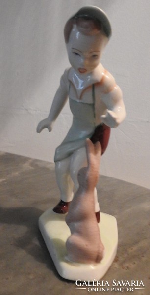 Little boy with bunny - old Budapest Aquincum porcelain figure