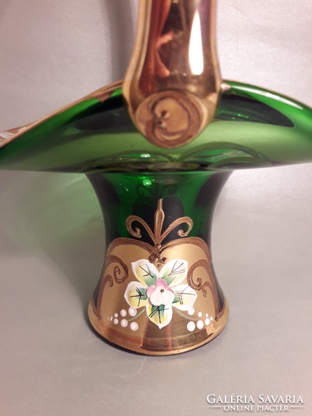 Szépséges dúsan aranyozott bohémia üveg kosár váza vastag füllel