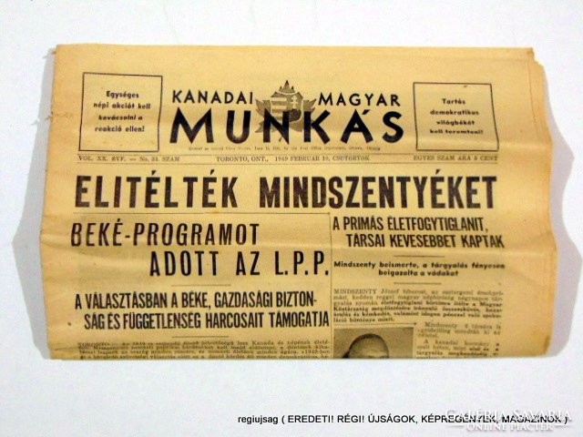 ELÍTÉLTÉK MINDSZENTYÉKET  /  Kanadai Magyar Munkás  /  Szs.:  12474