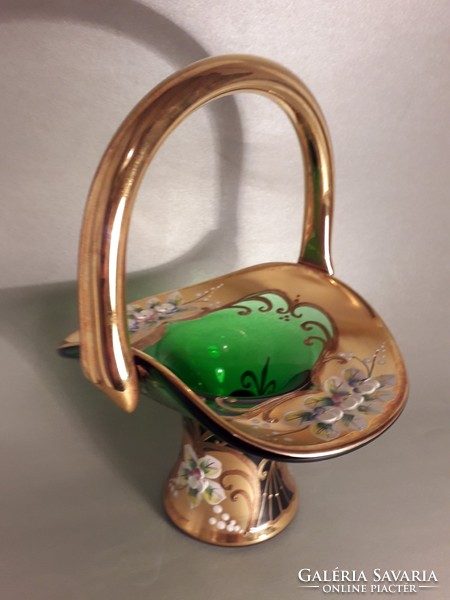 Beautiful richly gilded bohemian glass basket vase with thick handles