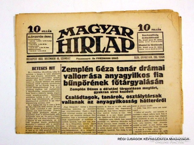 Testimony of Géza Zemplén / Hungarian newspaper / szs: 11989