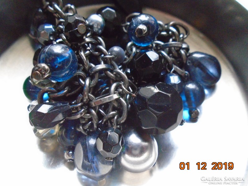 Wr william rosenberg design, black, dark blue, theatrical pearl necklace with chain mesh, clasp ribbon