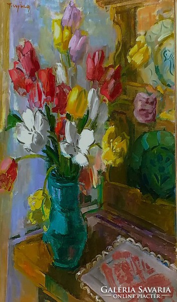 Freytag Zoltán (1901 - 1983): Tulipán csokor asztalon