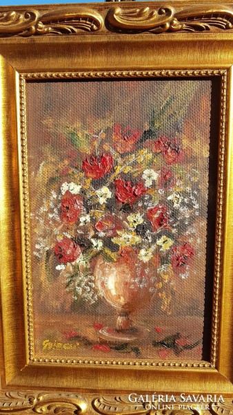 Gyimesisándor: poppy. Still life, oil, wood 20x30 cm, painting. Ornate picture frame
