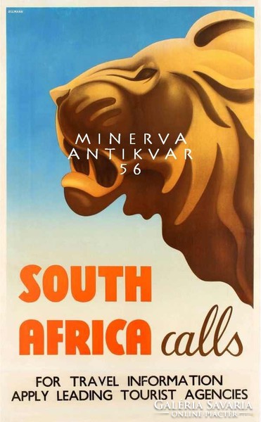 Art deco utazási hirdetés, oroszlán, Afrika. Vintage/antik reklám plakát reprint