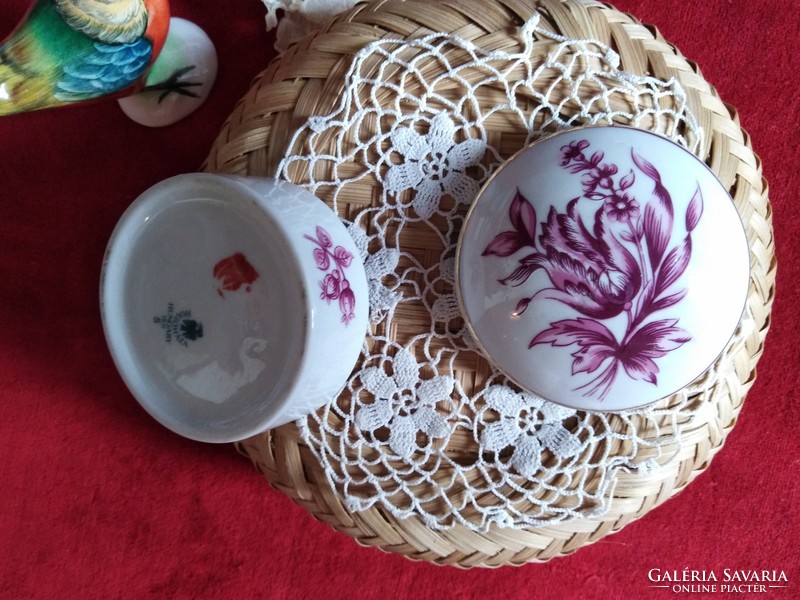 Hollóháza porcelain jewelry holder, flawless, beautiful burgundy chrysanthemum flower pattern
