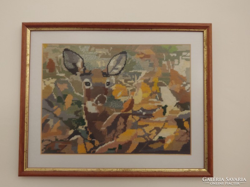 Roe deer in the open handmade goblein in a modern frame 31 x 25 cm