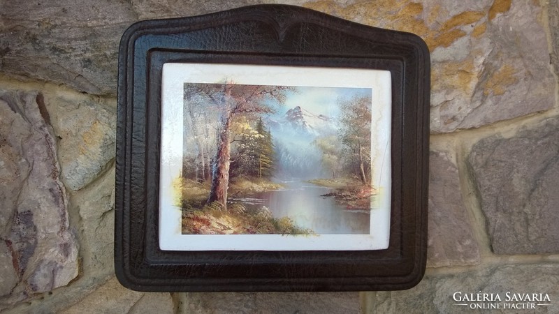 Industrial artist leather-framed wall picture-landscape from the 70s/80s 31x34 cm