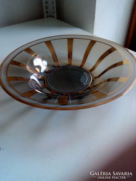Modern smoked glass decorative bowl with gold stripes - 25.8 cm