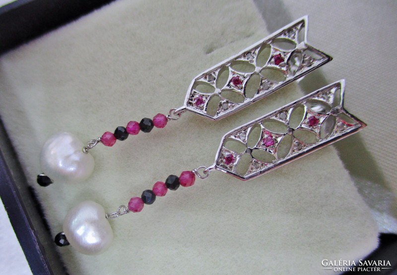 Gyönyörű kézműves valódi gyémánt,rubin,zafír,és gyöngy ezüst fülbevaló