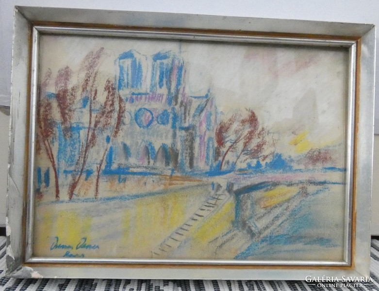 Diener jelzéssel; Paris/Párizs - Notre Dame - 27 cm x 36 cm, pasztell-papíron, üvegezett keretben