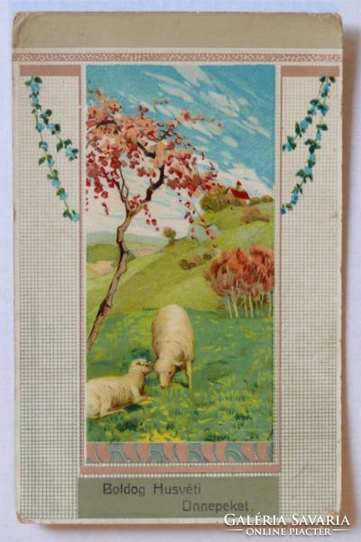 Húsvéti üdvözlőlap legelő bárányokkal, 1916-ból