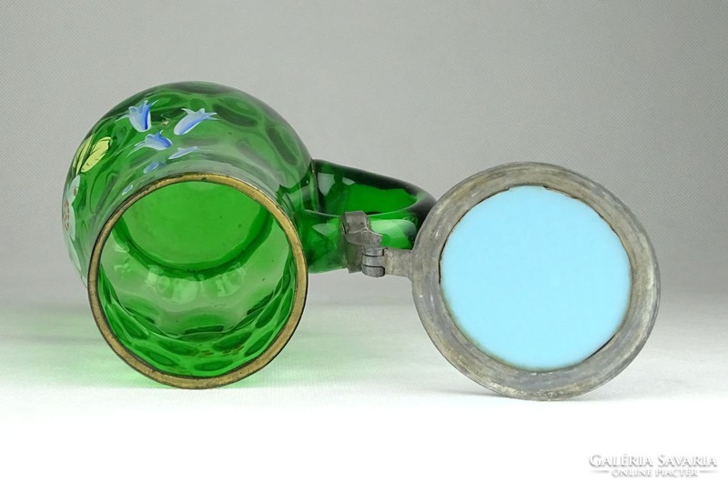 0Y500 Antik fújtüveg festett zöld korsó 14.5 cm