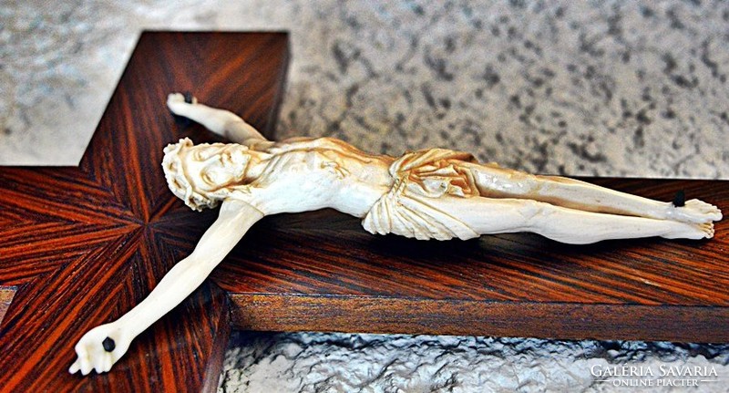15. Antik, CSONT Jézus Krisztus (12.7 cm), 35 cm impozáns feszület,  kereszt, korpusz