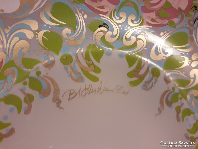Nagyméretű ROSENTHAL - Björn Wiinblad jelzett festett üveg tál igényes asztalközép