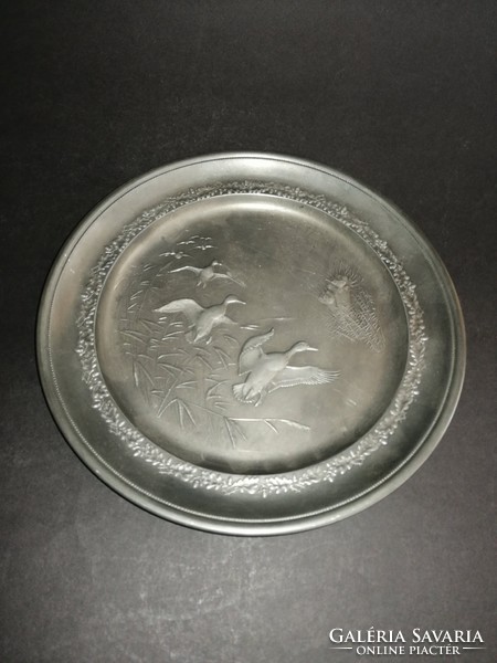 German hunter scene wild duck marked pewter wall bowl plate - ep