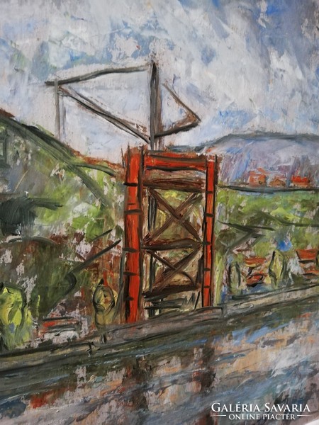 Drescher G.  Erzsébet Híd építése olaj karton keret nélkül 1963.  35x45 cm