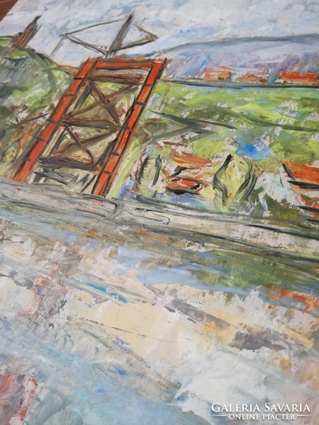 Drescher G.  Erzsébet Híd építése olaj karton keret nélkül 1963.  35x45 cm