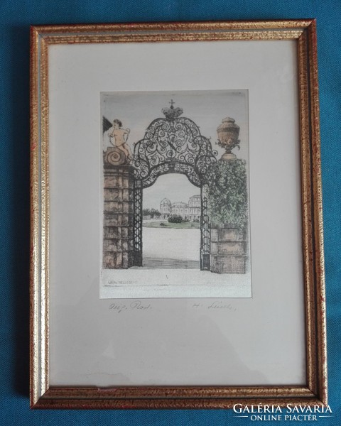 Signed Viennese etching canvas print, 18.5 x 25 cm