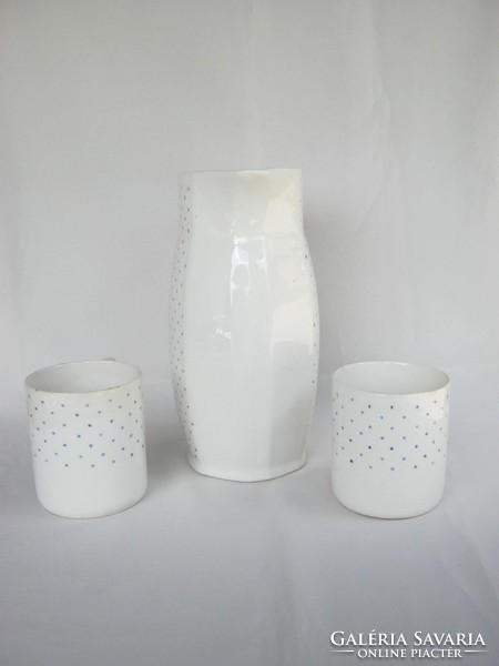 Granite ceramic jug with blue dots and 2 mugs