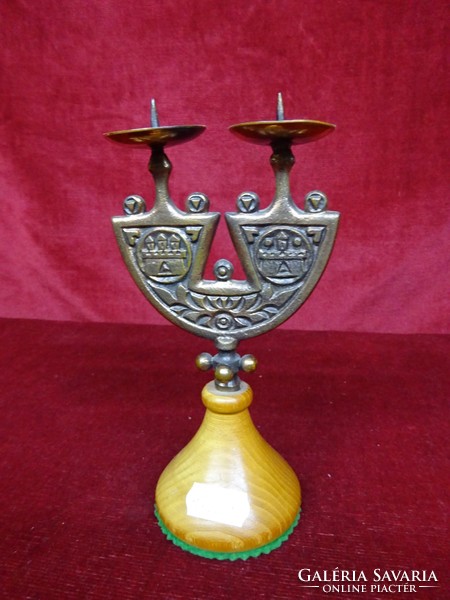 Double-branched copper candle holder with wooden base, height 16 cm. He has!