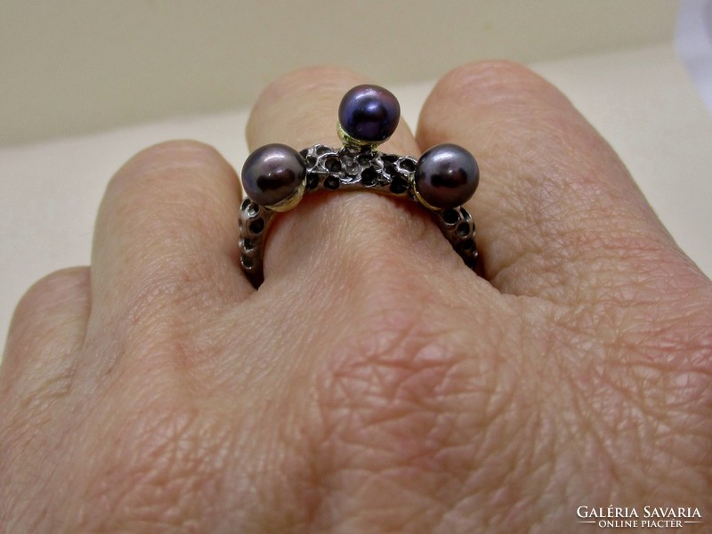 Special craftsman silver ring with black genuine pearls