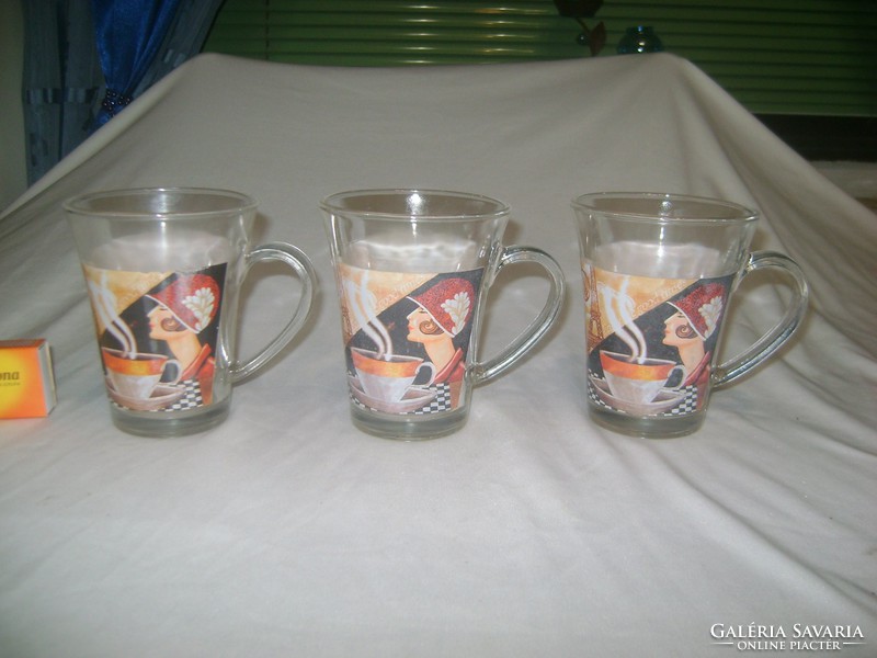 Retro kávés vagy teás füles pohár - három darab együtt - kávézó hölgy mintával