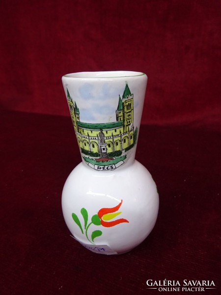 Bodrogkeresztúri porcelán váza, Pécs felirattal és látképpel, 10 cm magas. Vanneki! Jókai