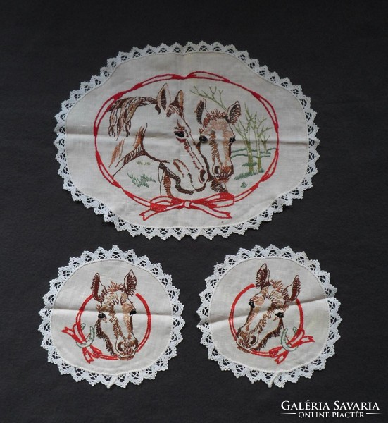 Antique, crocheted edge 3-piece needlework set with horses pattern