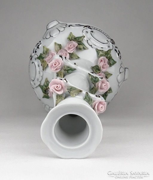 0Z709 Nagyméretű rózsás porcelán gyertyatartó 24cm
