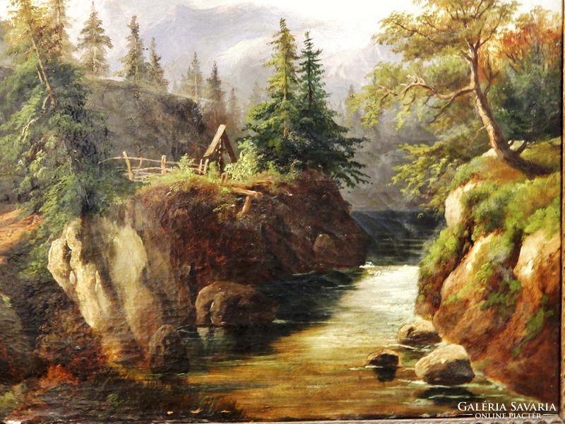 XIX. sz.-i Osztrák festő : Alpesi táj ,olajfestmény