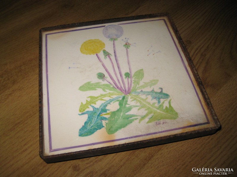 Dish coaster made of old painted marked tiles, iron frame, hand painted 15.5 cm