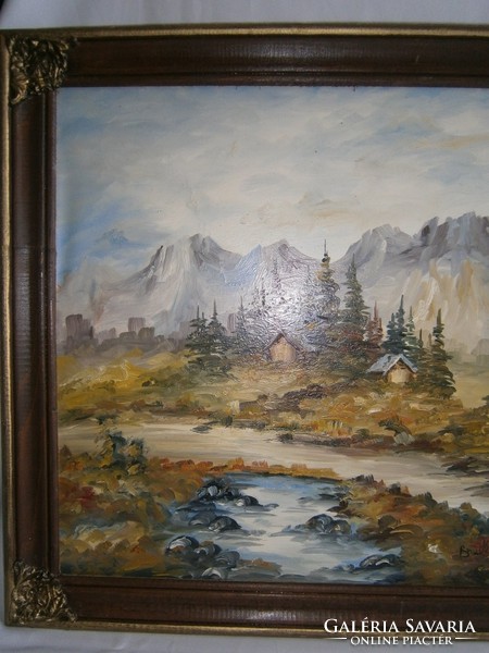 Alpesi tájkép szignózott festmény. Olaj-vászon technika, ismeretlen festő munkája.
