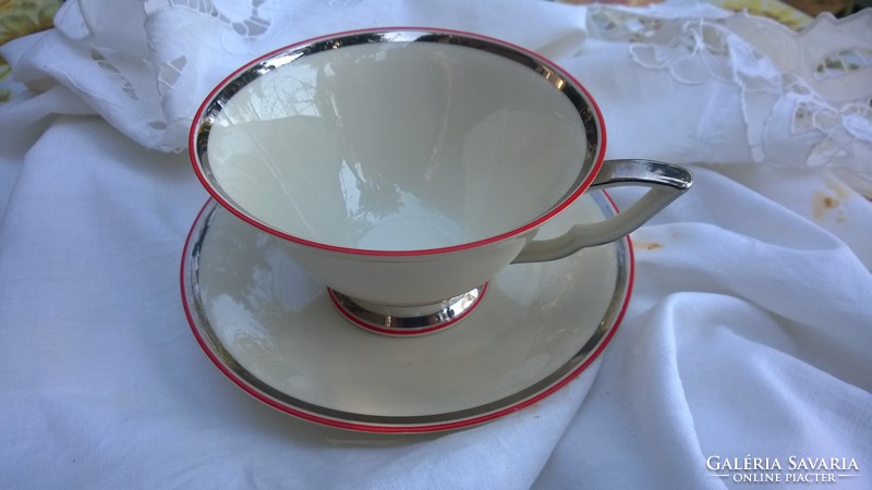 Chodau igényes-elegáns teáscsésze tányérral bézs ezüst-narancs csíkkal- 4 db