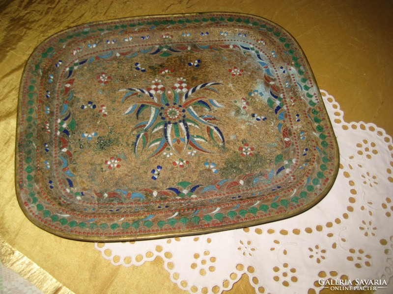 Antique, oriental tray, rich in detail, meticulous handwork, with colorful fire enamel inserts