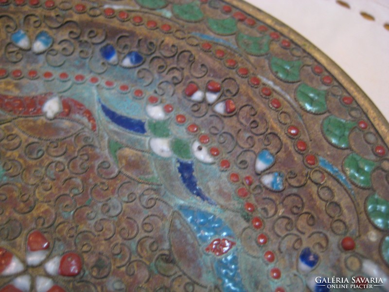 Antique, oriental tray, rich in detail, meticulous handwork, with colorful fire enamel inserts