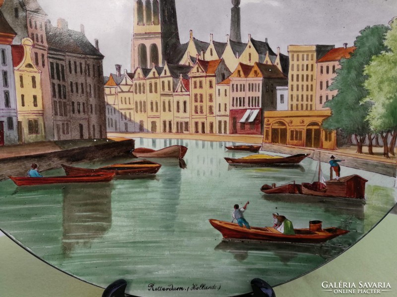 Francia kézi festett  majolika tál dísztál Rotterdam városkép,Velence stíl,Rendkívüli luxus, Trendi