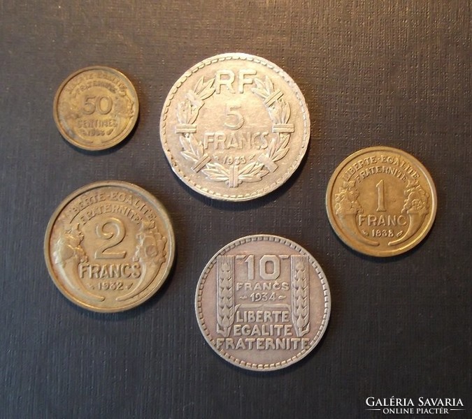 5 db francia pénzérme 1932-1938, ezüsttel