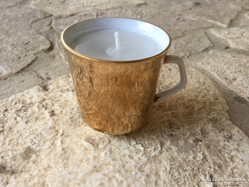 Aranyozott bavaria porcelán kávés csésze+alj párban illatgyertya ajándék tejszín kiöntővel