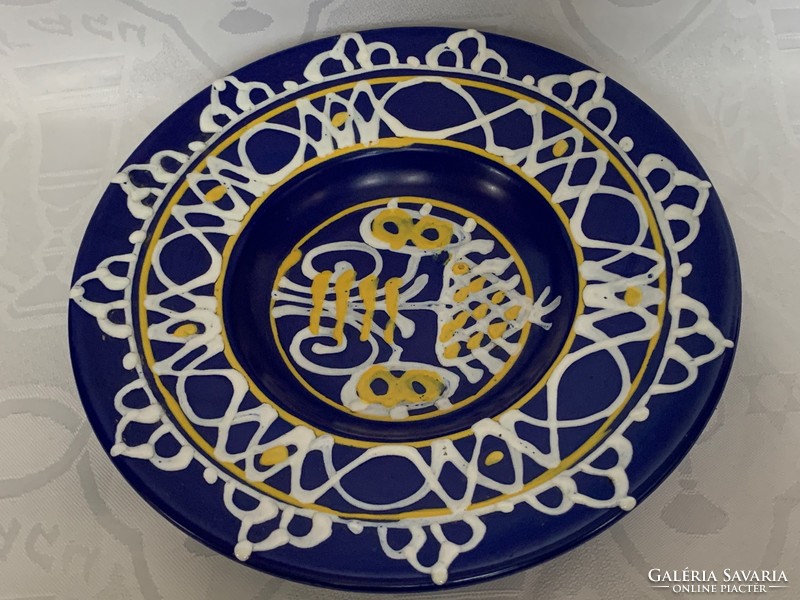 Juried applied art blue ceramic plate with lace pattern, 21 cm. Blue painting, barth lydia?