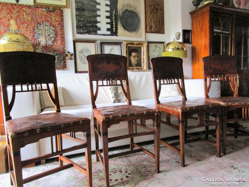 Secession art nouveau chair set 4 pieces original leather upholstery horse chestnut pattern renovated