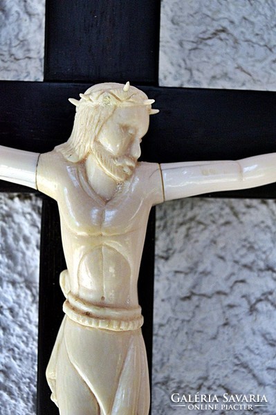 34. Antik, CSONT Jézus Krisztus (17.5 cm), 37,5 cm impozáns feszület, kereszt, korpusz