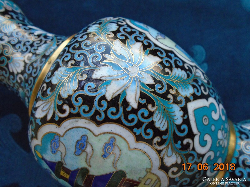 Rekeszzománc,cloisonné ,kínai váza színes paloták és lótusz mintákkal 19 cm