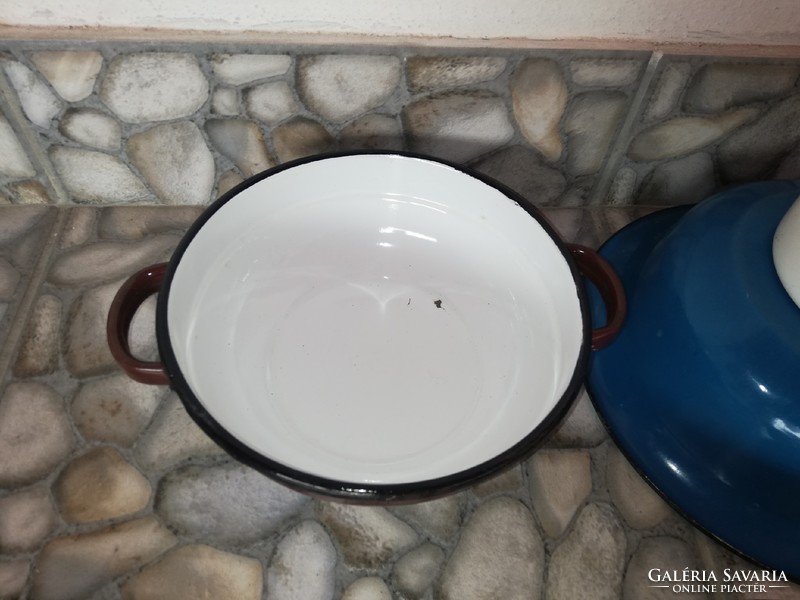 Zománcos 4 db-os csomag focis bögre virágos tányér 16 cm-es barna tál kék tányér nosztalgia darabok