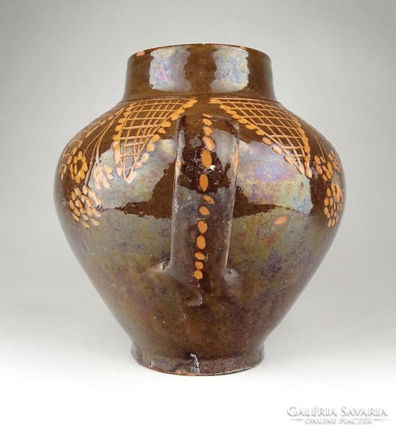 1A683 Régi barna mázas cserép váza 18.5 cm