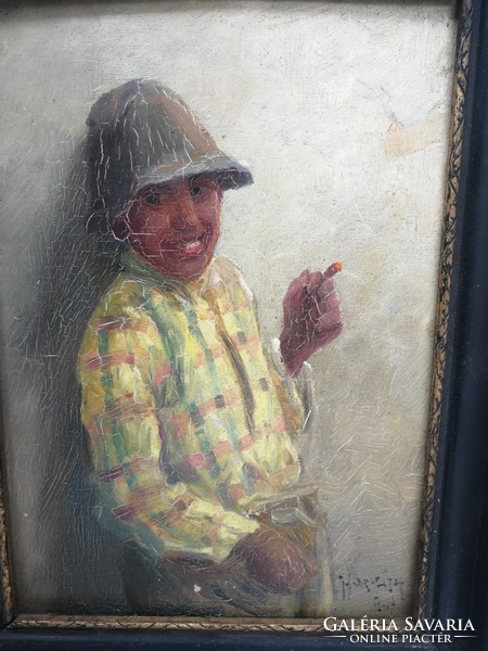 Rarity! Horváth g. Andor painting, cozy. Tramp boy smokes a rare subject for the painter!