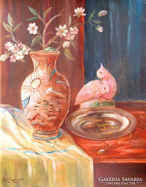 W. Franz: table still life with pink parrots, 1962 - oil on canvas, framed
