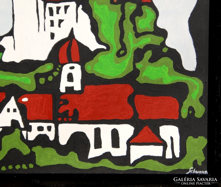 Schwauer: Városrészlet várral - olaj-vászon festmény, kerettel