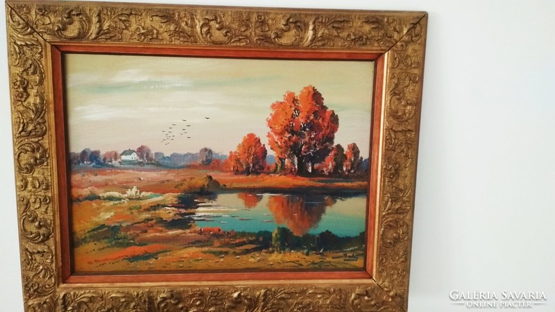 Marked oil cardboard autumn landscape